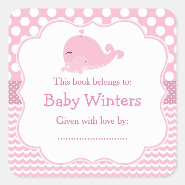 Pink Parterre & Child Whale Pink Girl Buchzeichen Quadratischer Aufkleber (Vorderseite)