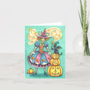 PINK PARTY WITCH, HALLOWEEN MAGIC BLACK CAT Blank Karte