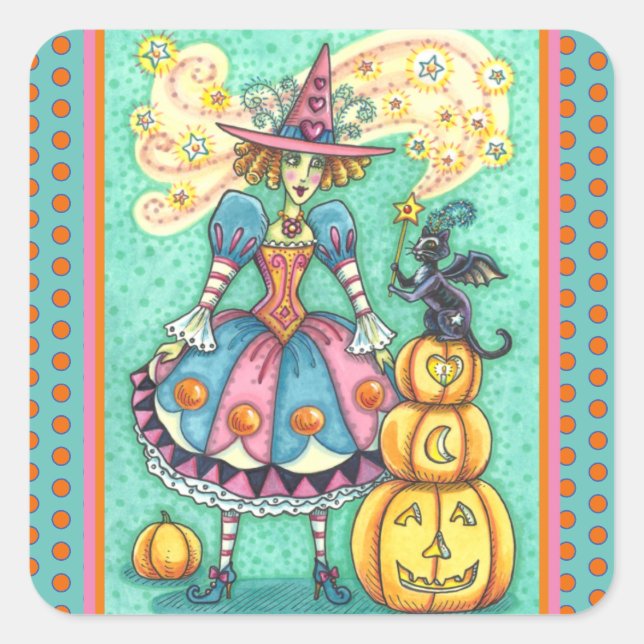 PINK PARTY WITCH IST HALLOWEEN MAGIC, SCHWARZE CAT QUADRATISCHER AUFKLEBER (Vorderseite)