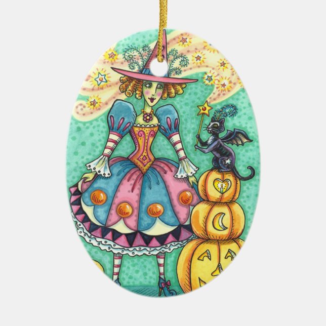 PINK PARTY WITCH IST HALLOWEEN MAGIC, SCHWARZE KAT KERAMIK ORNAMENT (Vorne)