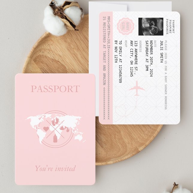 Pink Passport Voyage fille Baby shower Carte du mo (Créateur téléchargé)