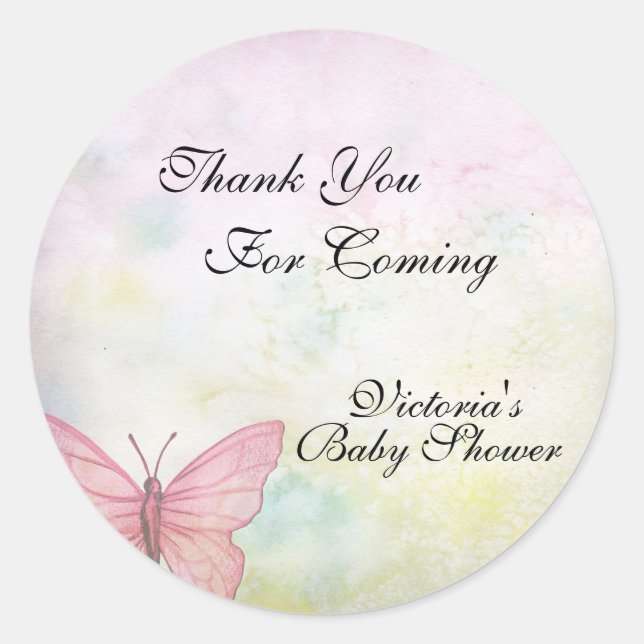 Pink Pastel Butterfly Danke, Baby Dusche Runder Aufkleber (Vorderseite)