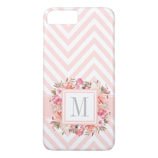 Pink Pastel Chevrons und Floral mit Monogramm Case-Mate iPhone Hülle (Rückseite)