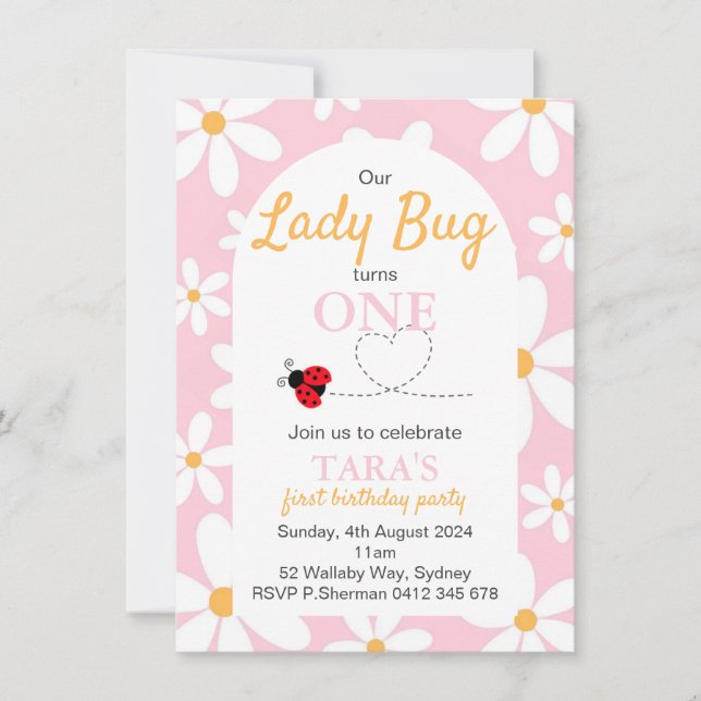 Pink Pastel Daisy Lady Bug Birthday Einladung (Vorderseite)