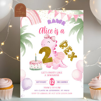 Pink Pastel Dinosaur 2-rex Rawr birthday Einladung