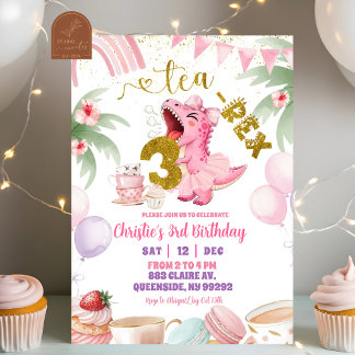Pink Pastel Dinosaur tea-rex 3rd birthday Einladung