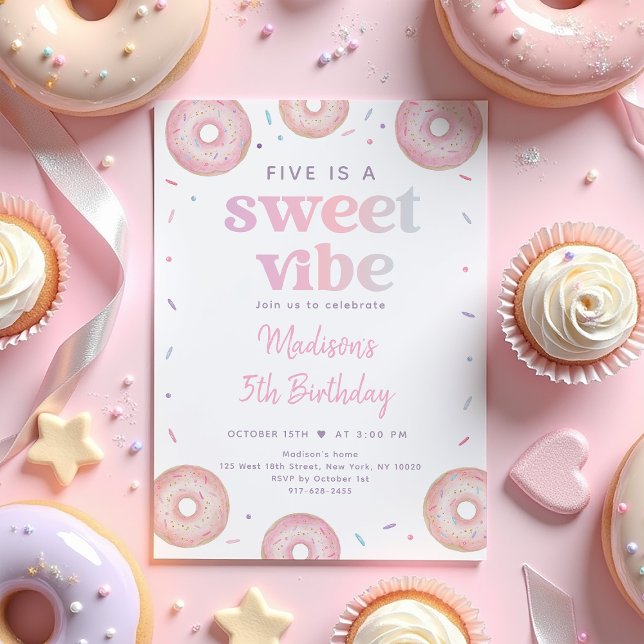Pink Pastel Donut Five ist ein Sweet Vibe Geburtst Einladung (Von Creator hochgeladen)
