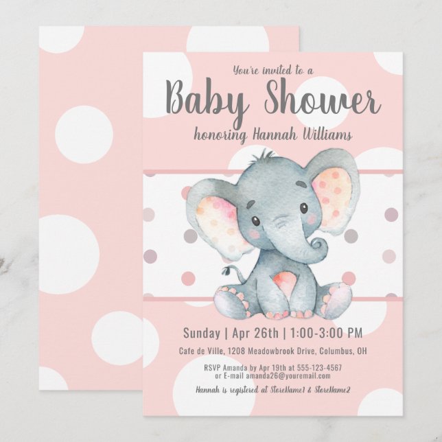 Pink Pastel dotiert Niedlich Elephant Baby Dusche Einladung (Vorne/Hinten)