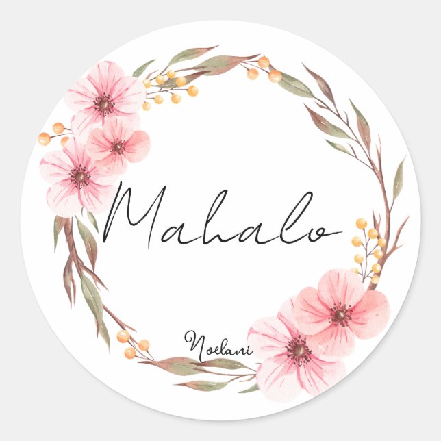 Pink pastel floral mahalo merci autocollant (Devant)