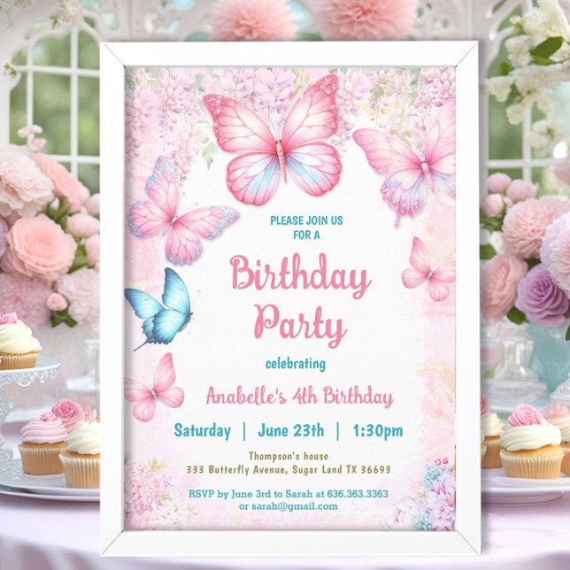 Pink Pastel Floral Summer Butterfly Girl Geburtsta Einladung (Pink Pastel Floral Summer Butterfly Girl Birthday Invitation)
