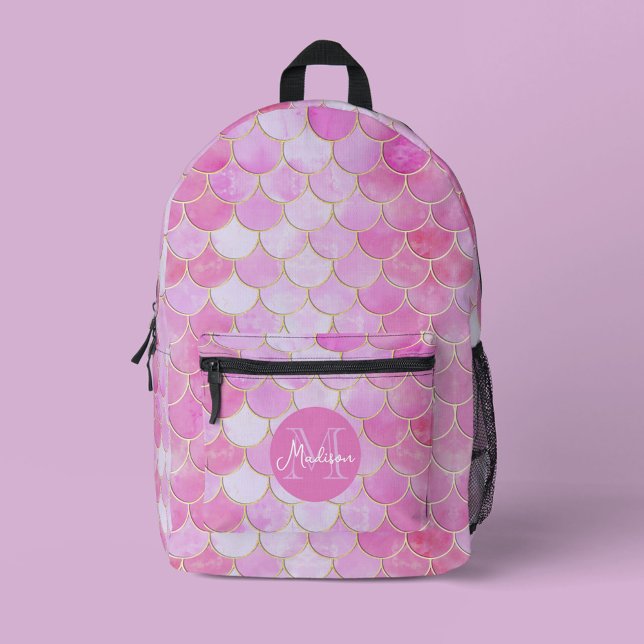 Pink Pastel & Gold Shimmer Mermaid Scanner Muster Bedruckter Rucksack (Pink Mermaid Scale Pattern Backpack with Monogram)