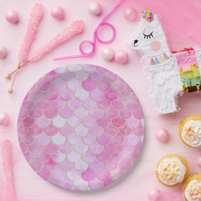 Pink Pastel & Gold Shimmer Mermaid Scanner Muster Pappteller (Party)
