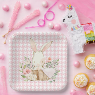 Pink Pastel Hahnentrittmuster Bunny Rabbit Pappteller