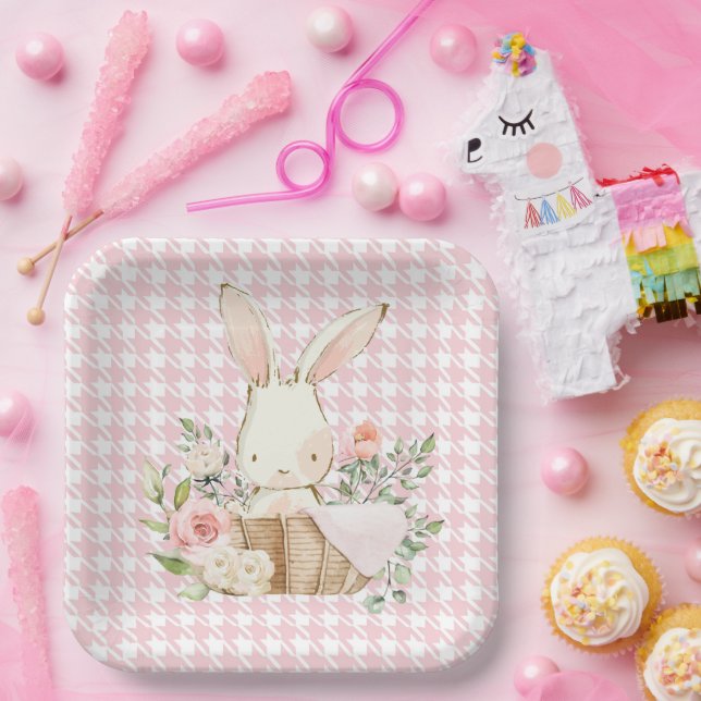 Pink Pastel Hahnentrittmuster Bunny Rabbit Pappteller (Party)