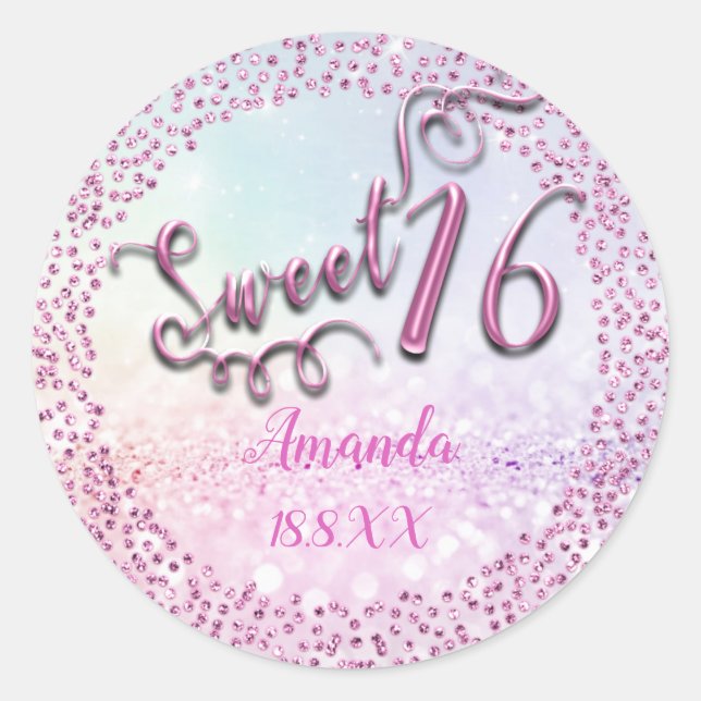 Pink Pastel Ombre Sweet 16. Round Glitzer Sparky Runder Aufkleber (Vorderseite)