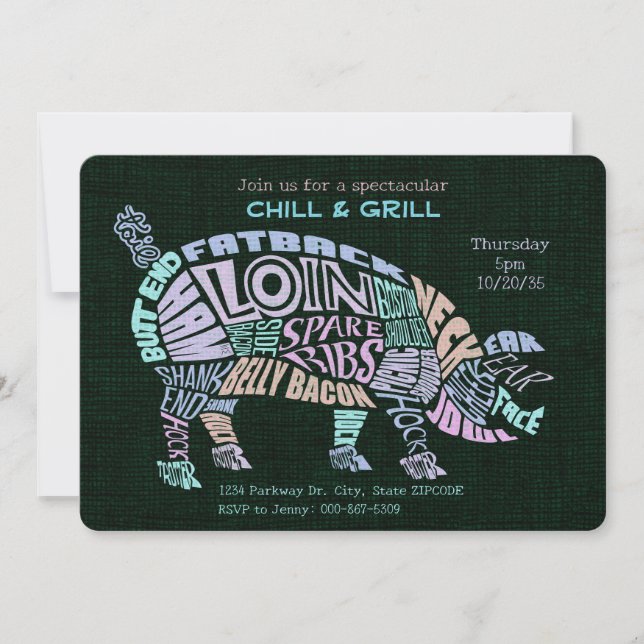 Pink Pastel Pork Cuts Typogram Word Cloud GRILLEN Einladung (Vorderseite)