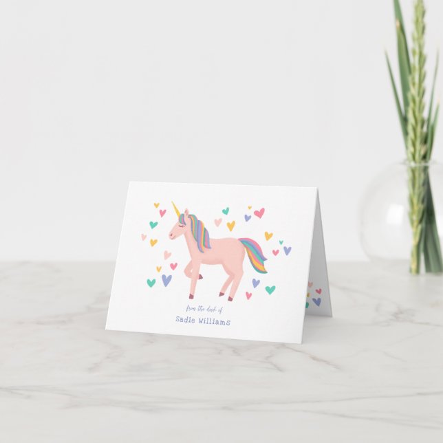 Pink Pastel Rainbow Unicorn Kinder Persönlich Dankeskarte (Vorderseite)