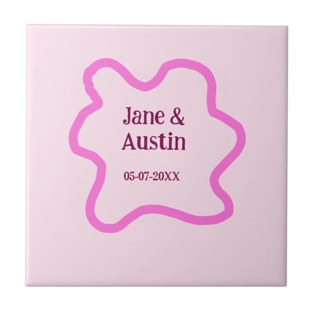 Pink pastel retro wedding border frame name date fliese (Vorderseite)