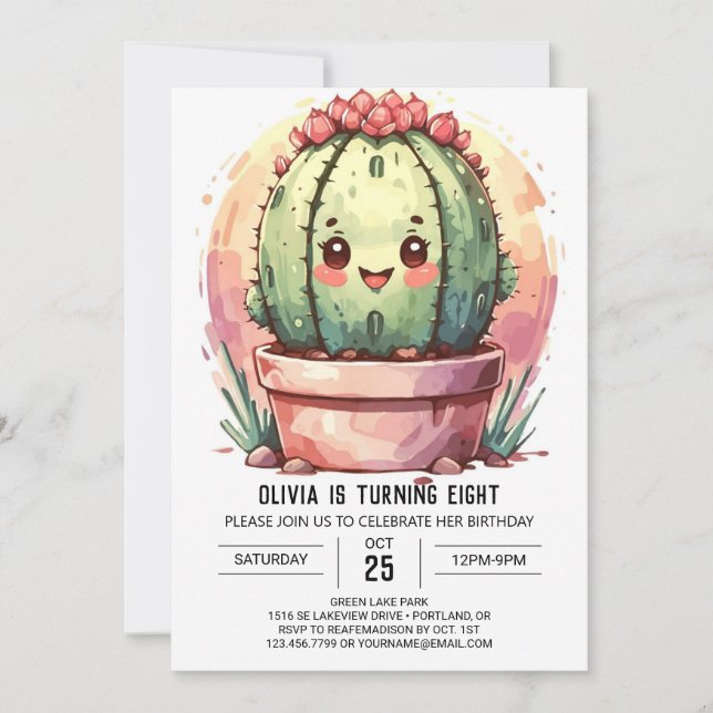 Pink Pastel Watercolor Cactus Girl Birthday Einladung (Vorderseite)