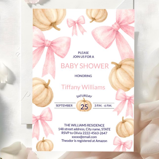 Pink Pastell Watercolor Pumpkin Buganband Einladung (Pink bow little pumpkin girl baby shower invitation )
