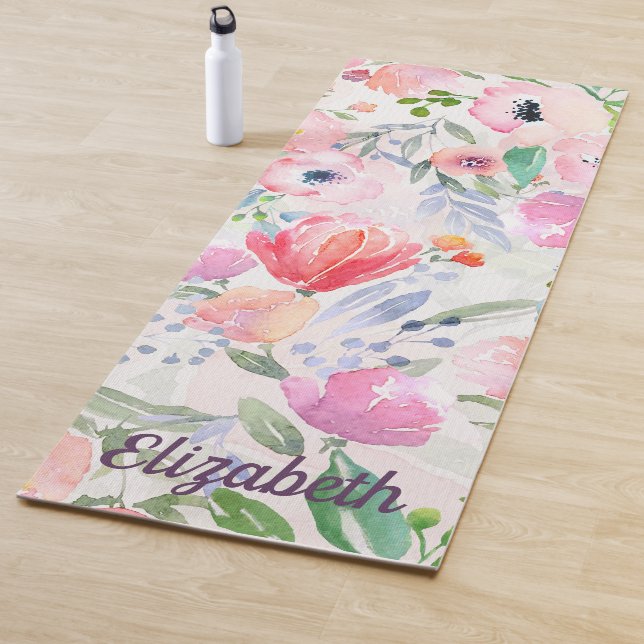 Pink pastellfarbene Blume, wasserfarben mit Namen Yogamatte (Beispiel)