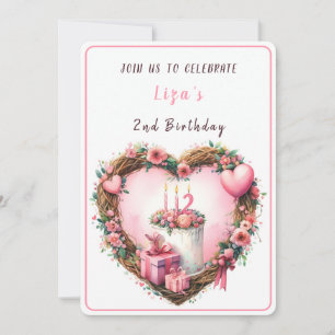 Pink Pastor Floral Wreath Zweiter Geburtstag - Einladung