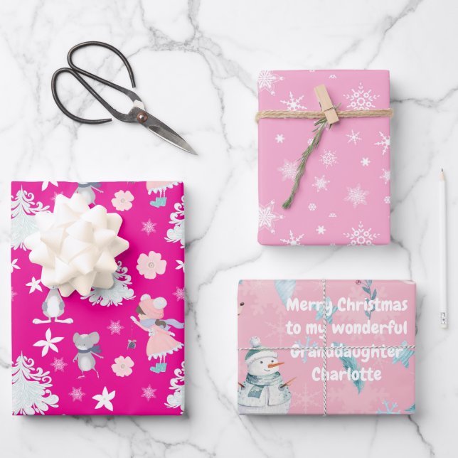 Pink 🎄 Pastor Weihnachtsmuster, Sondertext Geschenkpapier Set (Vorderseite)