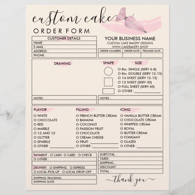 Pink Pastry Bag Logo Bakery Cake Order Form Flyer (Vorne)