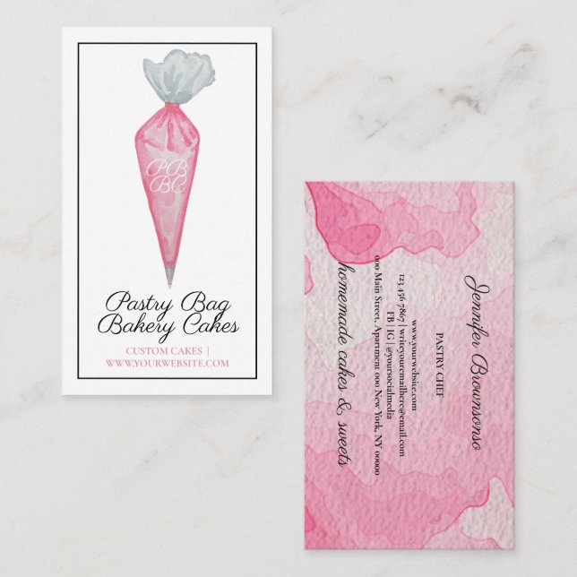 Pink Pastry Bag Watercolor Monogram Baker Visitenkarte (Vorne/Hinten)