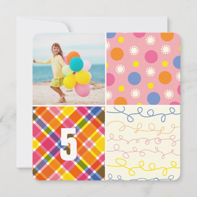 Pink Patchwork Pattern Squares Girl Foto Geburtsta Einladung (Vorderseite)