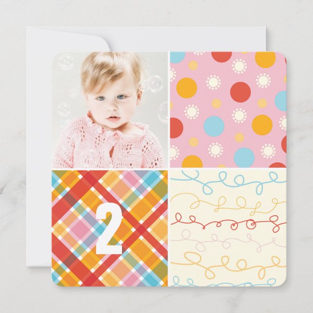 Pink Patchwork Pattern Squares Girl Foto Geburtsta Einladung (Vorderseite)