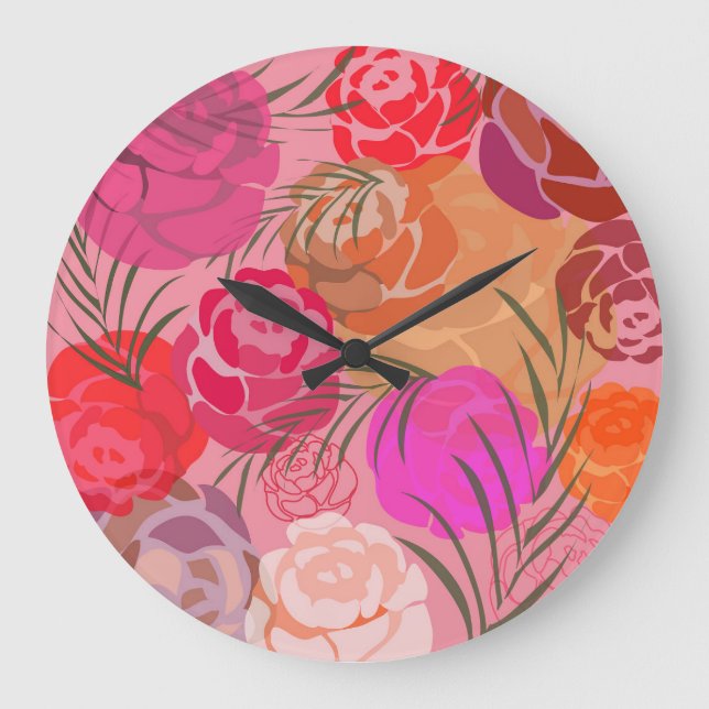 Pink pattern with flowers and plants große wanduhr (Vorderseite)