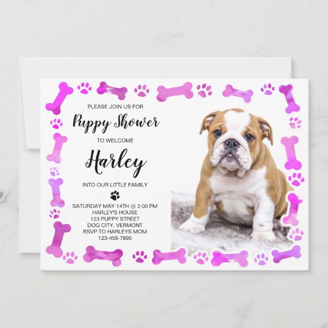 Pink Paw druckt Knochen Neue Dog Puppy-Dusche für  Einladung (Vorderseite)