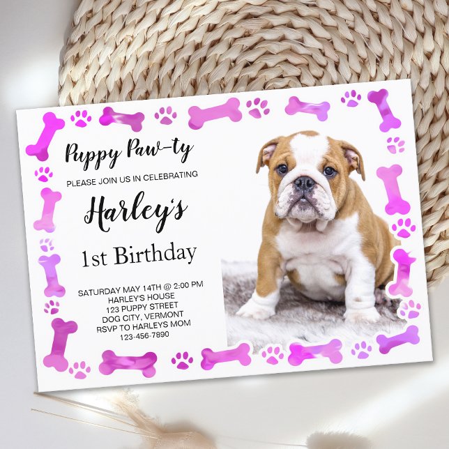 Pink Paw druckt Knochen Welpen Hund Geburtstag Einladung (Von Creator hochgeladen)
