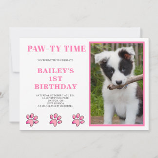 Pink Pawty Time Hund Geburtstag Einladung