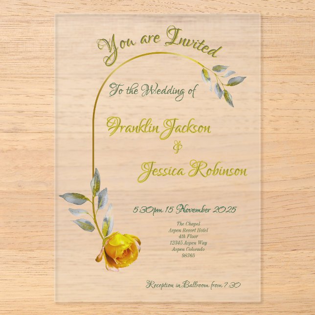 Pink Peace Rose w'Bale Green Gold Wedding Acryleinladungen (Vorderseite)