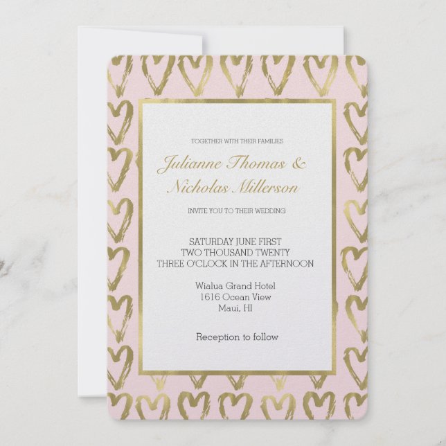 Pink Peach and Gold Hearts Wedding Einladung (Vorderseite)