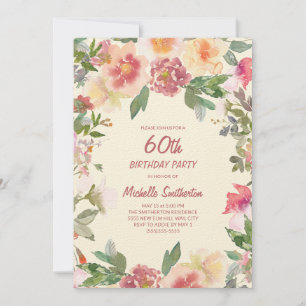 Pink Peach Aquarell Floral 60. Geburtstag Einladung