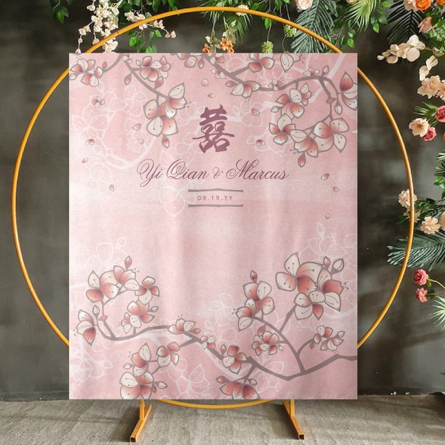 Pink Peach Blossom Chinesisches Hochzeitsszenario  Wandteppich (Pink Peach Blossoms Double Happiness, Chinese Wedding Photo Backdrop Tapestry @ fatfatin_red_knot)