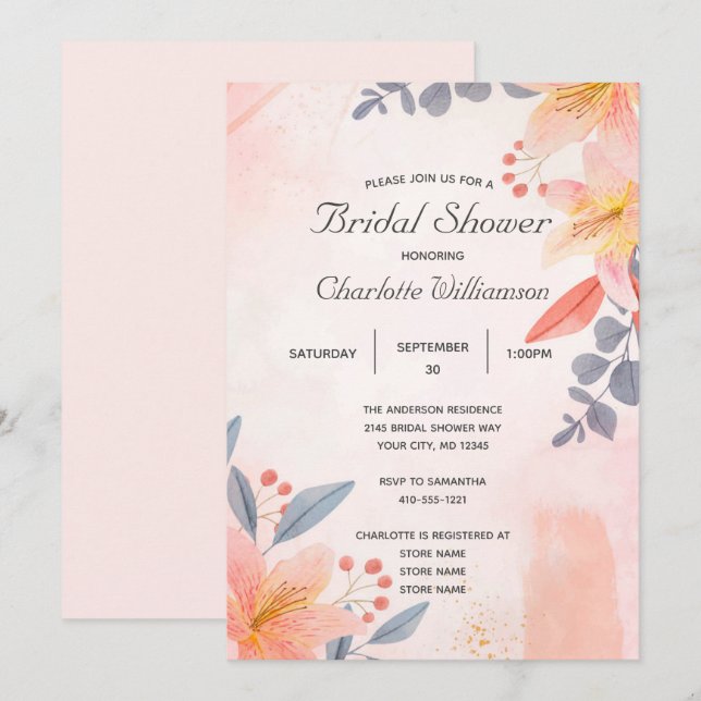 Pink Peach Blue Coral Floral Brautparty Einladung (Vorne/Hinten)