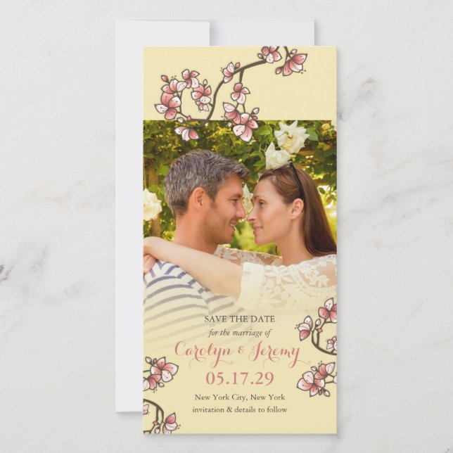 Pink Peach blüht asiatisch Save the Date Fotokarte (Vorderseite)