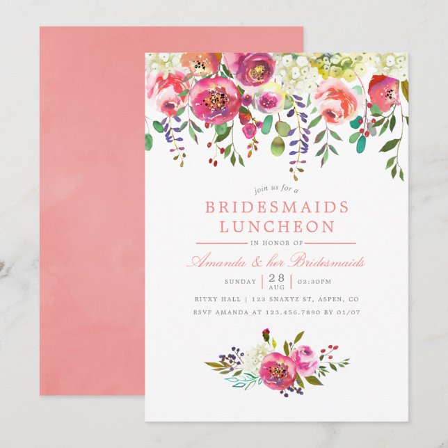 Pink Peach Blume Bridesmaids Luncheon Einladung (Vorne/Hinten)