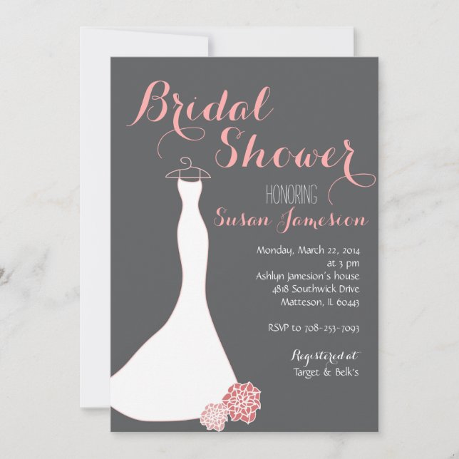 Pink Peach Bridal Gown Bridal Dusche Einladung (Vorderseite)