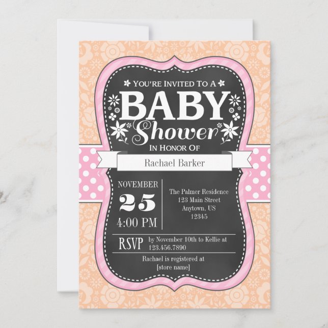 Pink Peach Chalkboard Floral Baby Dusche laden Einladung (Vorderseite)