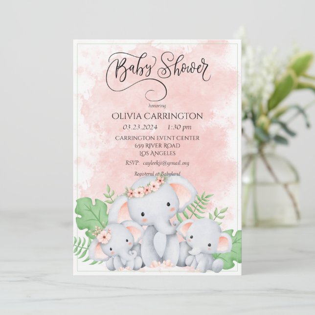 Pink Peach Elephant Watercolor Babydusche Einladung (Stehend Vorderseite)