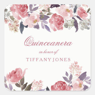 Pink Peach Floral Aquarell Quinceanera Party Quadratischer Aufkleber