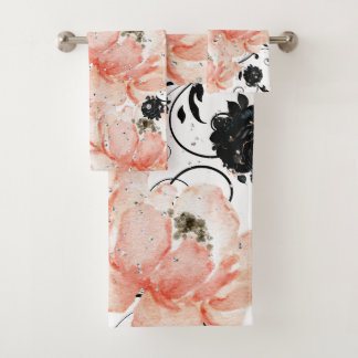 Pink Peach floral-Black Stencil-Glitzer Diamonds Badhandtuch Set
