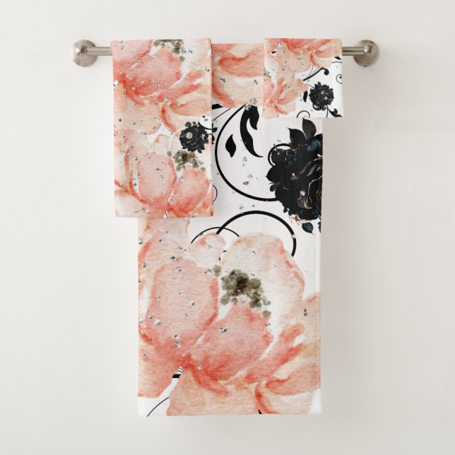 Pink Peach floral-Black Stencil-Glitzer Diamonds Badhandtuch Set (Insitu)