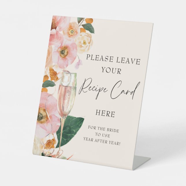 Pink Peach Floral Champagner Rezept Karte Sockelschild (Vorderseite)