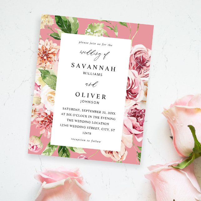 Pink & Peach Floral & Greenery Wedding Pink Flyer (Von Creator hochgeladen)